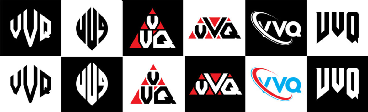 VVQ letter logo design in six style. VVQ polygon, circle, triangle, hexagon, flat and simple style with black and white color variation letter logo set in one artboard. VVQ minimalist and classic logo