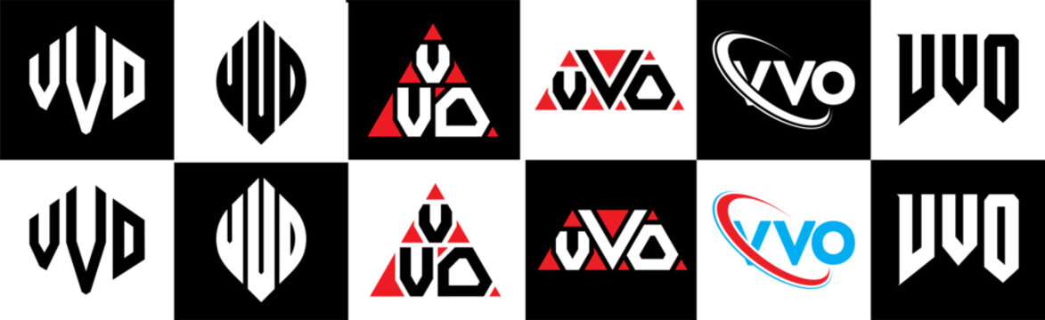VVO letter logo design in six style. VVO polygon, circle, triangle, hexagon, flat and simple style with black and white color variation letter logo set in one artboard. VVO minimalist and classic logo