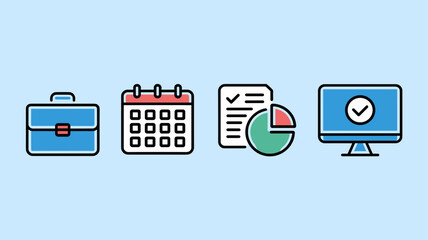 Business Vector Icon Set for Professional Use - Calendar, Briefcase, Reports, Chart, and Monitor - Ideal for Office, Productivity, and Planning Designs