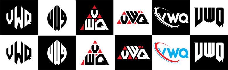 VWQ letter logo design in six style. VWQ polygon, circle, triangle, hexagon, flat and simple style with black and white color variation letter logo set in one artboard. VWQ minimalist and classic logo