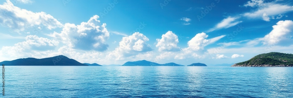 Poster Vast ocean landscape with multiple islands under a bright blue sky and fluffy clouds in a serene setting Generative AI