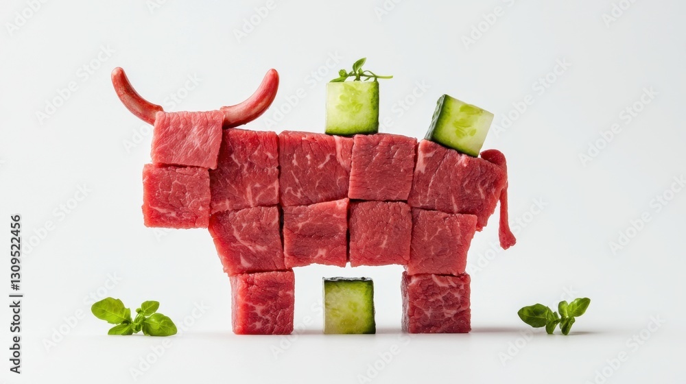 Poster unique visual of a cow-shaped meat structure made from fresh steak cubes, symbolizing butchery and f