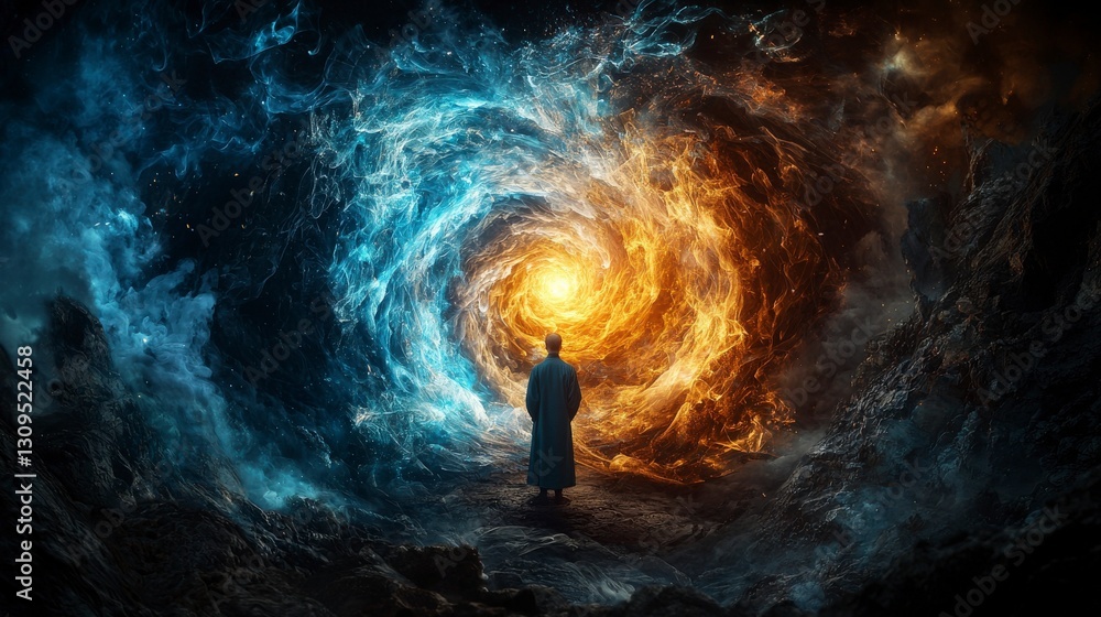 Poster practitioner in a whirling sea of mysteries cosmic realm digital art surreal environment wide angle 