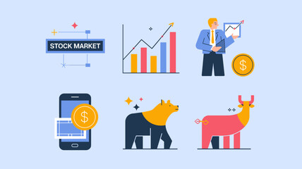 Naklejka premium Vector Icon Set for Stock Market, Financial Growth, Trading Strategies, Bull and Bear Markets, Investment Tools, and Mobile Finance Solutions