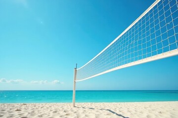 Volleyball net stands tall, white against blue sky, beach setting, sunshine, beach, holiday