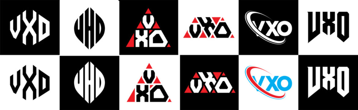 VXO letter logo design in six style. VXO polygon, circle, triangle, hexagon, flat and simple style with black and white color variation letter logo set in one artboard. VXO minimalist and classic logo