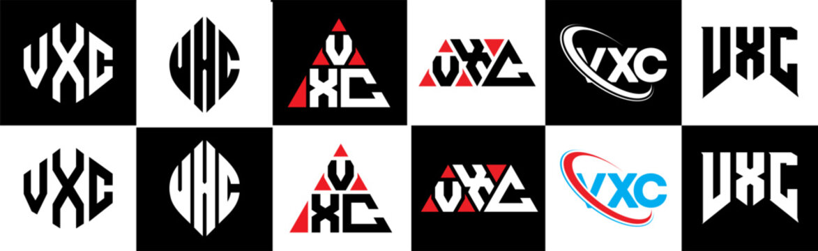 VXC letter logo design in six style. VXC polygon, circle, triangle, hexagon, flat and simple style with black and white color variation letter logo set in one artboard. VXC minimalist and classic logo