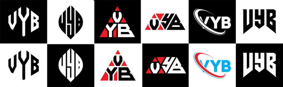 VYB letter logo design in six style. VYB polygon, circle, triangle, hexagon, flat and simple style with black and white color variation letter logo set in one artboard. VYB minimalist and classic logo