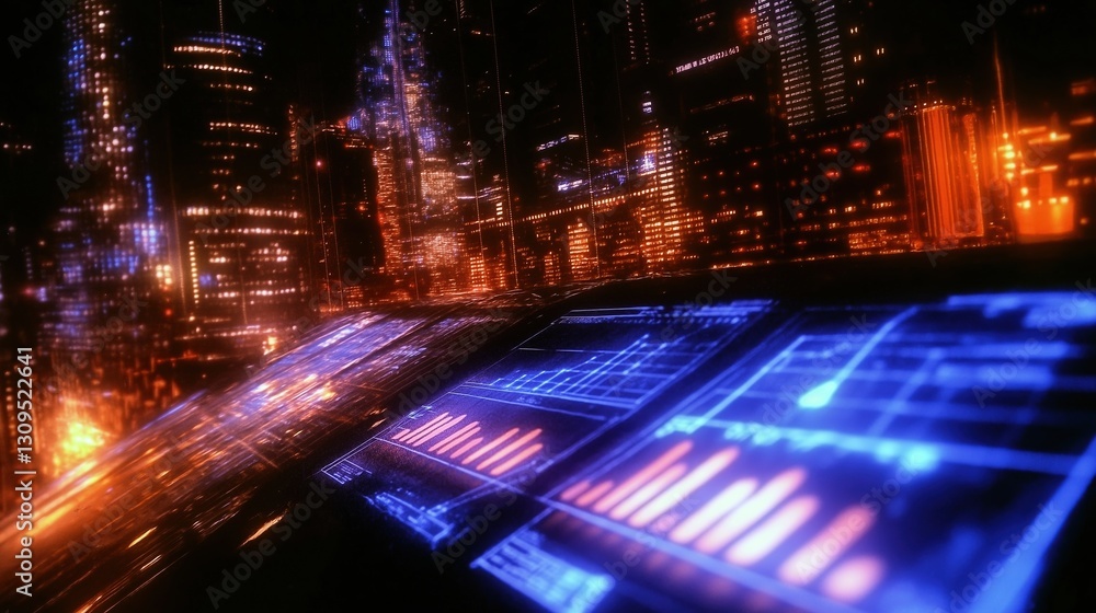 Poster exploration of ai growth through futuristic digital visualization and data representation in an urba