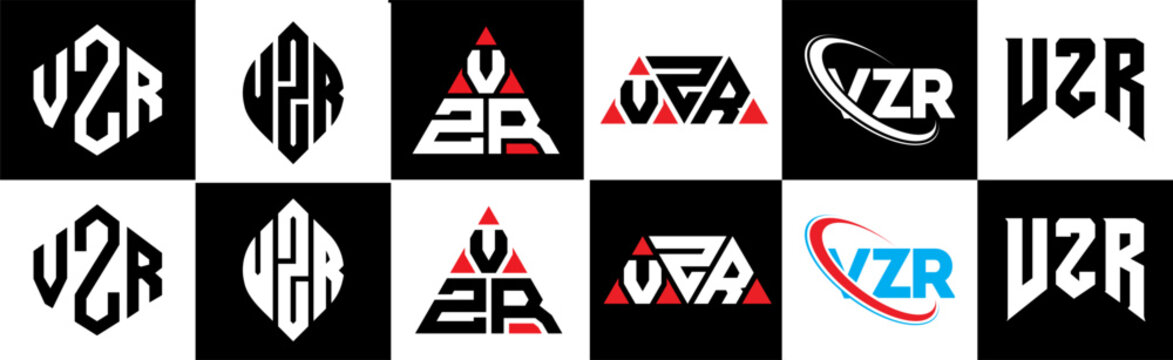 VZR letter logo design in six style. VZR polygon, circle, triangle, hexagon, flat and simple style with black and white color variation letter logo set in one artboard. VZR minimalist and classic logo