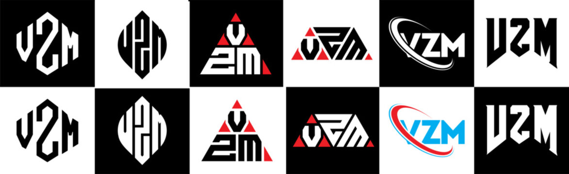 VZM letter logo design in six style. VZM polygon, circle, triangle, hexagon, flat and simple style with black and white color variation letter logo set in one artboard. VZM minimalist and classic logo