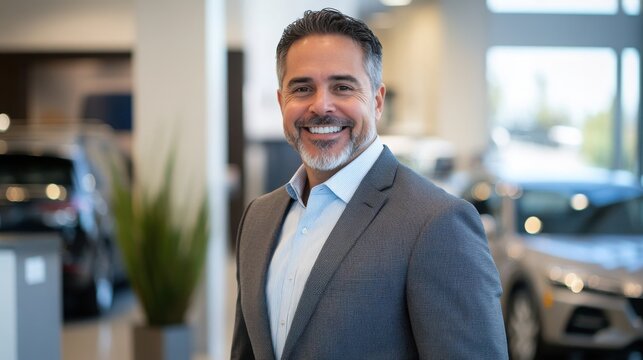 Professional man showcasing modern car dealership with excellent customer service