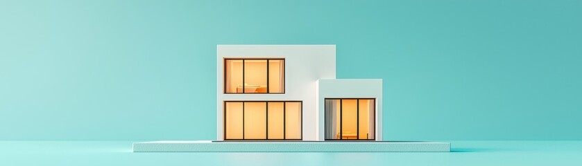 A modern, minimalist house design with large windows and a bright, aqua backdrop, showcasing contemporary architecture and clean lines.