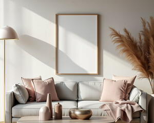 light gray sofa with blush pink pillows and throw in a sunlit living room
