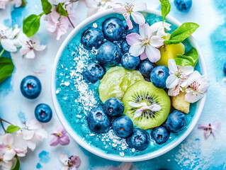 Blue Acai Bowl, Blue Yogurt and blue berries with green kiwi and flower 