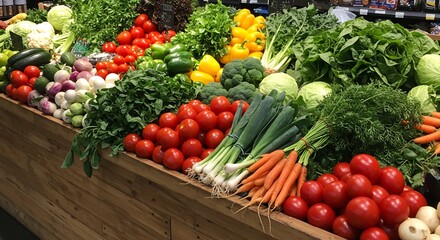 Vibrant colorful vegetable display gleams under bright market lights. AI Generated