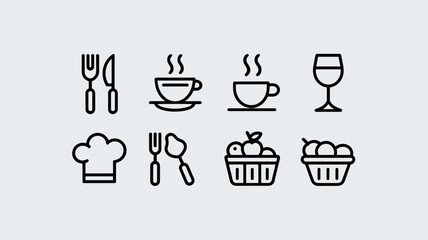 Vector Icon Set of Restaurant, Food, and Drink Symbols for Menus, Cookbooks, and Culinary Designs - High-Quality Line Art Graphics