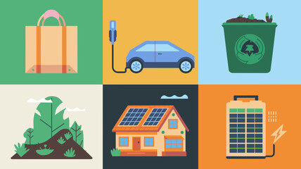 Fototapeta premium Eco-Friendly Vector Icon Set Featuring Renewable Energy, Electric Cars, Sustainability Themes, Recycling, Green Living, and Nature Illustrations for Designers