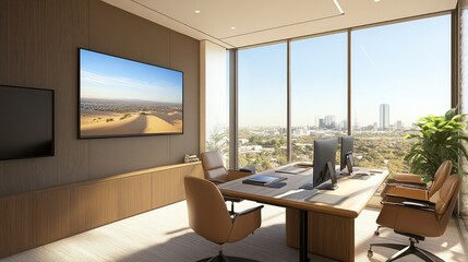 Conference room equipped with video conferencing technology and digital screens.