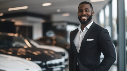Smiling dealership employee showcases luxurious cars in modern showroom