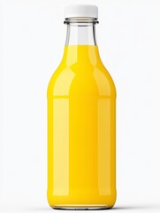 Bright Yellow Juice in Clear Glass Bottle on White Background