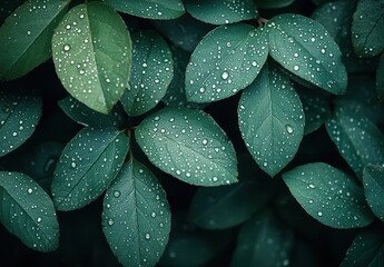 Fototapeta premium Fresh green leaves with water droplets showcasing natural beauty and detail, perfect for nature themes, botanical designs, and tranquility visuals