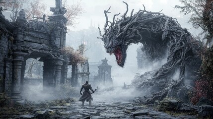 Obraz premium Warrior confronts ancient beast in fog-filled city fantasy scene epic battle dark environment dynamic perspective