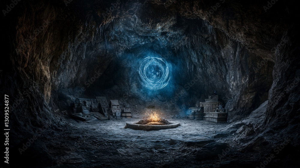 Aufkleber gathering of celestial practitioners in a hidden chamber illuminated by mystical firelight