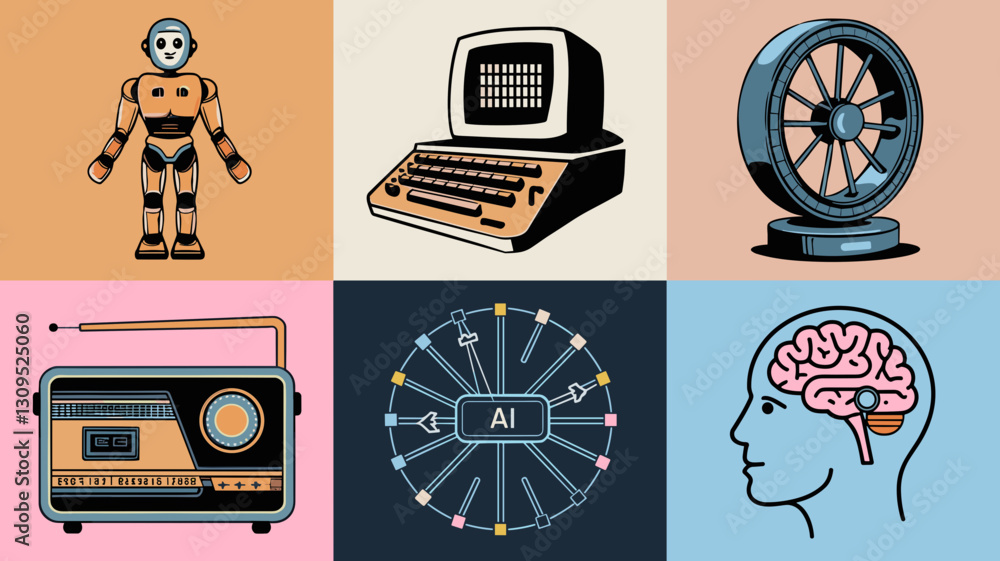 Poster vector icon set of retro technology and ai concepts for digital design, featuring robot, vintage com