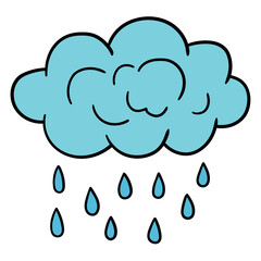 Hand drawn cartoon cloud with rain on white background.
