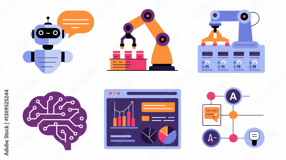 Poster vector icon set featuring ai robot, industrial automation, data analytics, brain, and communication 