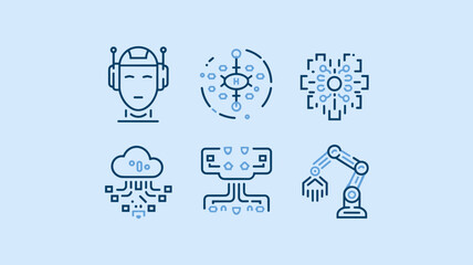 Fototapeta premium Vector Icon Set: AI Technology, Machine Learning, Robotics, Cloud Computing, Data Science, and Automation Graphics for Modern Digital Projects