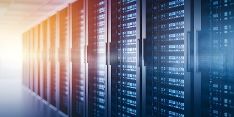 Server room with rows of network servers, illuminated by blue light, and a digital overlay of a pixelated wave graphic, symbolizing data flow and processing.