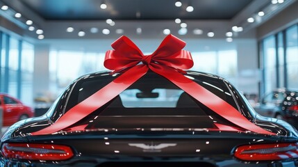 Car with a red bow in a luxury dealership showcasing new arrivals and holiday excitement