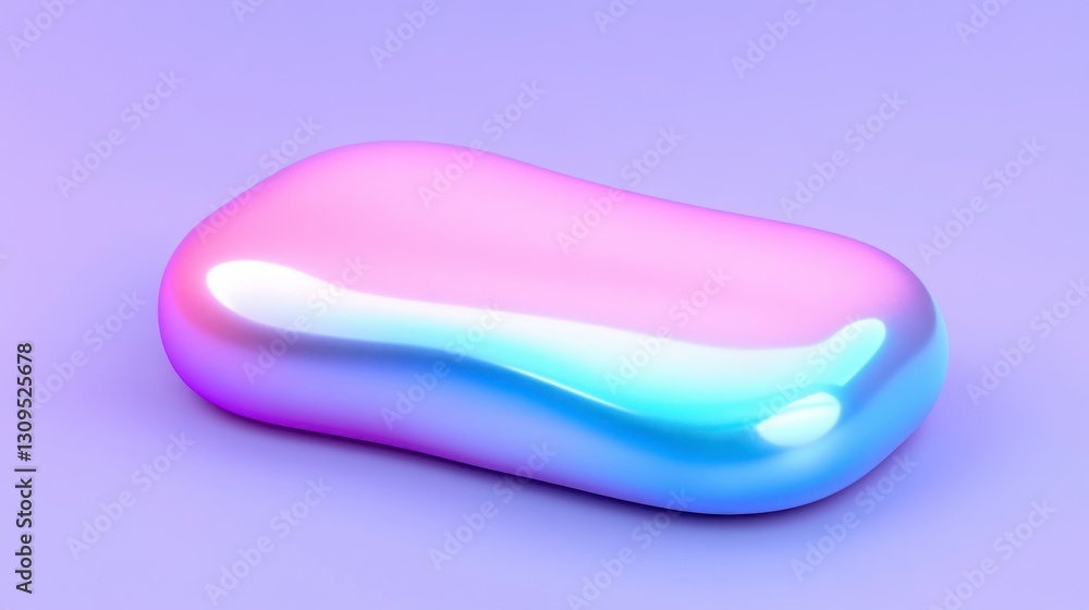 Poster abstract 3d render of a smooth, iridescent object with a pink and blue gradient, sitting on a pale p