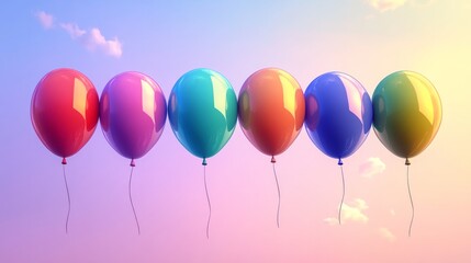 Background featuring floating rainbow balloons against a minimalistic sky, symbolizing celebration and freedom