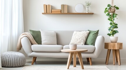 Modern living room interior design with light beige couch, wooden accent table, and shelf with books.