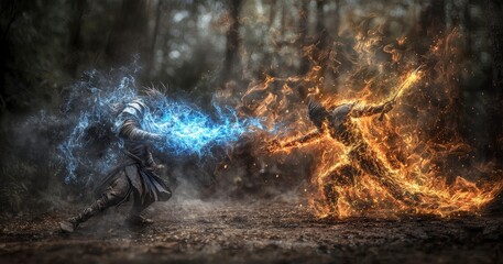 Skilled warrior battles elemental forces enchanted forest digital art fantasy realm dynamic viewpoint