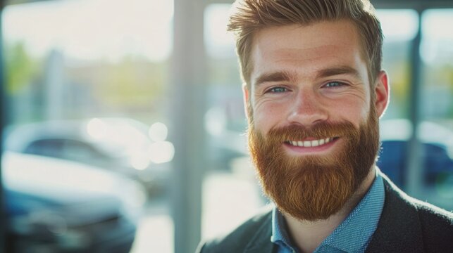 Smiling salesperson at a vibrant car dealership in the afternoon light