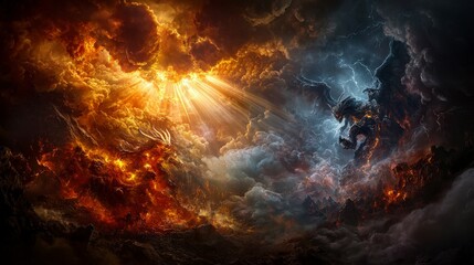 Divine and demonic forces in battle celestial realm digital artwork surreal landscape dramatic light epic conflict