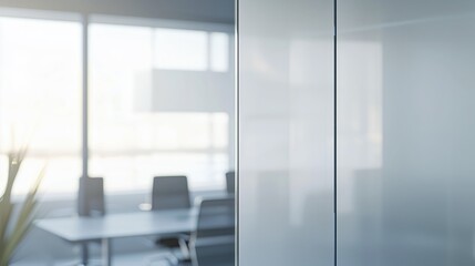 Modern office interior with frosted glass partition and natural light. Sleek conference room design with minimalist furniture and large windows. Professional workspace with blurred background 