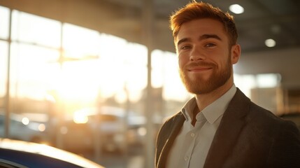 Sales representative showcases inventory at car dealership during sunset