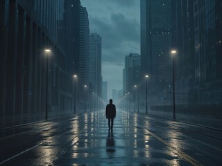 Man walking in city street at night in the rain