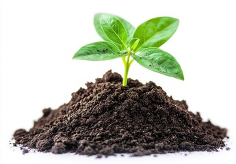 Naklejka premium Fresh Green Plant Emerging from Rich, Dark Soil Signifying Growth, Renewal, and Sustainable Agricultural Practices in Isolated White Background