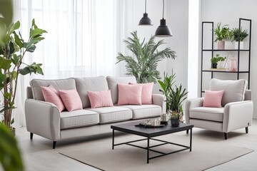 Modern living room interior design with light gray sofa, pink cushions, and coffee table.