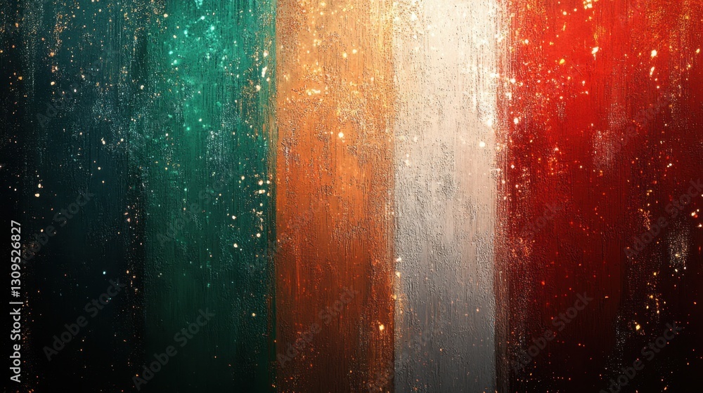 Poster an intriguing abstract representation of the iconic colors of ireland's flag with sparkling texture