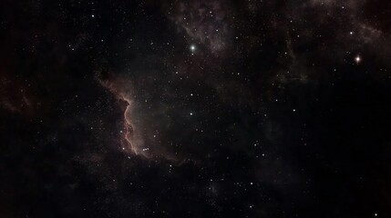 Fototapeta premium Deep space nebula with purple and brown hues on black background. Cosmic cloud with starry dots. Celestial scene with ethereal galaxy formation with soft glow. Mystical universe wallpaper