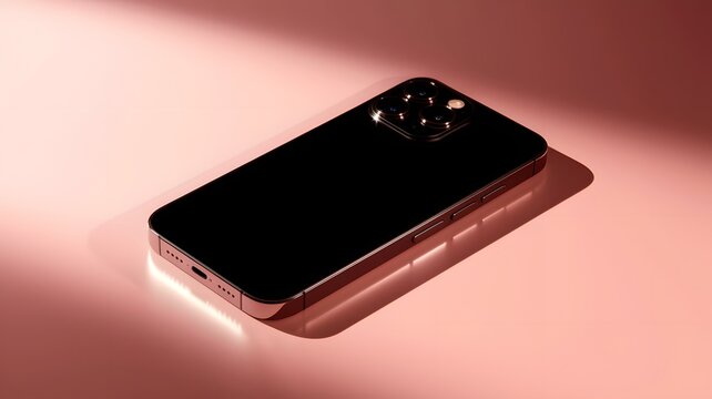 Modern smartphone with a sleek, metallic design, placed on a soft, gradient pink background. The subtle shadow and reflection add depth. - Powered by Adobe