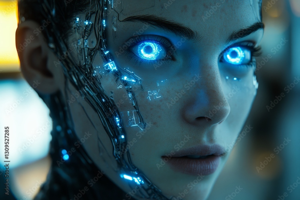 Aufkleber futuristic humanoid with glowing eyes and cybernetic features in a high-tech environment