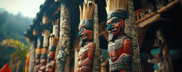 Intricate Wooden Carvings of Totem Poles in Cultural Heritage Setting